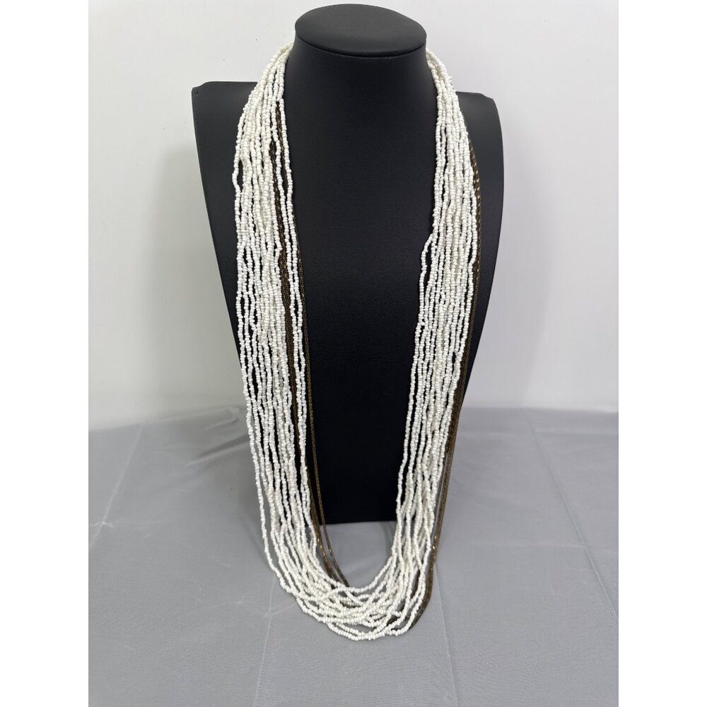 Vintage White & Brown Beaded Necklace With Metal Accents